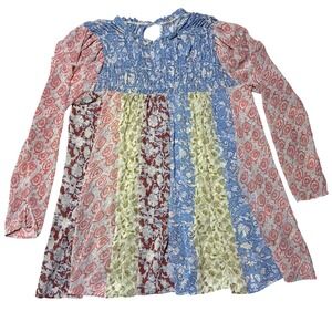 Free People Merrie Mix Patchwork Floral Tunic Women Small Boho Smocked OB1404369